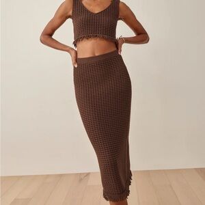 Lieta Brown Cotton Open-Knit Skirt Set